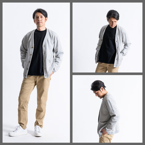 【日本製】 カーディガン メンズ 裏起毛 暖かい 肉厚コットン 無地 ポケット グレー杢(FL23FW-006-gr)