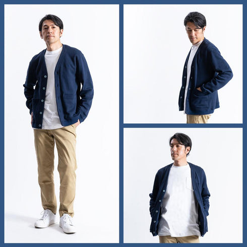 【日本製】 カーディガン メンズ 裏起毛 暖かい 肉厚コットン 無地 ポケット グレー杢(FL23FW-006-gr)