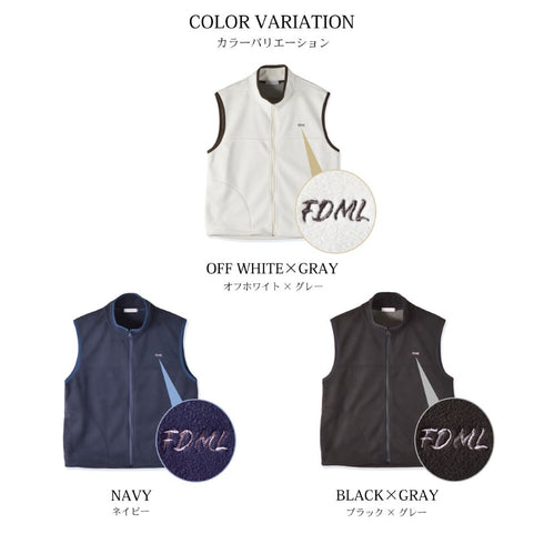 【日本製】 ベスト フリース メンズ 暖かい ジップアップ 2層ボンディング 無地 ブラック×グレー(FL23FW-009-bkgr)