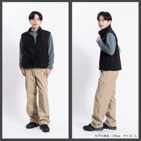 【日本製】 ベスト フリース メンズ 暖かい ジップアップ 2層ボンディング 無地 ブラック×グレー(FL23FW-009-bkgr)