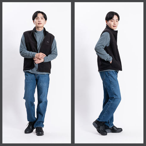 【日本製】 ベスト フリース メンズ 暖かい ジップアップ 2層ボンディング 無地 ブラック×グレー(FL23FW-009-bkgr)
