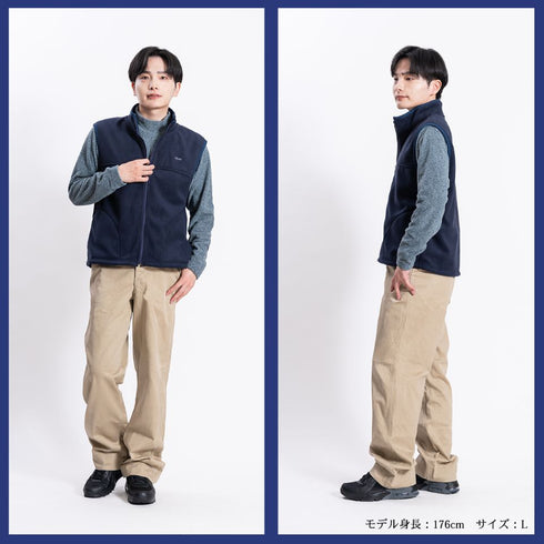 【日本製】 ベスト フリース メンズ 暖かい ジップアップ 2層ボンディング 無地 ブラック×グレー(FL23FW-009-bkgr)