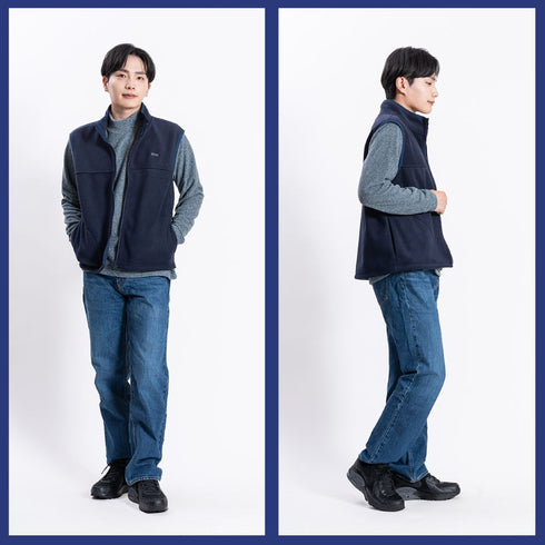 【日本製】 ベスト フリース メンズ 暖かい ジップアップ 2層ボンディング 無地 ブラック×グレー(FL23FW-009-bkgr)