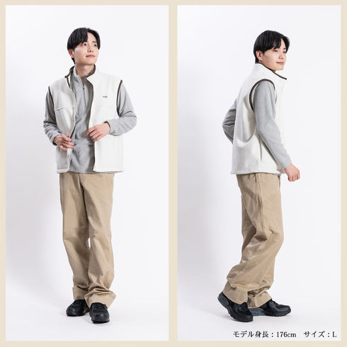 【日本製】 ベスト フリース メンズ 暖かい ジップアップ 2層ボンディング 無地 ブラック×グレー(FL23FW-009-bkgr)