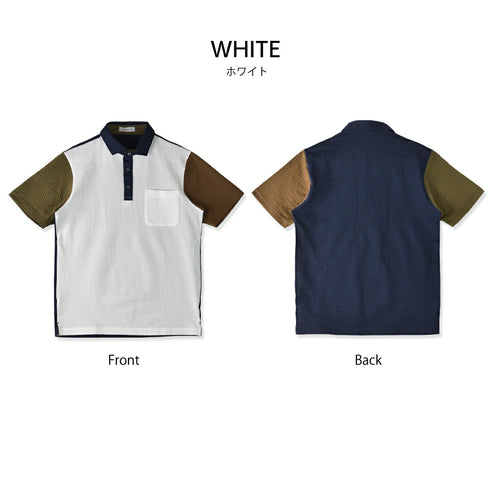 ポロシャツ メンズ 半袖 涼しい 軽い 切替デザイン サッカー生地 セミワイドカラー ネイビー(FL23SS-002M-na)