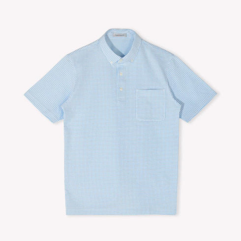 ポロシャツ メンズ 半袖 チェック柄 涼しい 軽い サッカー生地 ボタンダウン サックス(FL23SS-005M-sa)