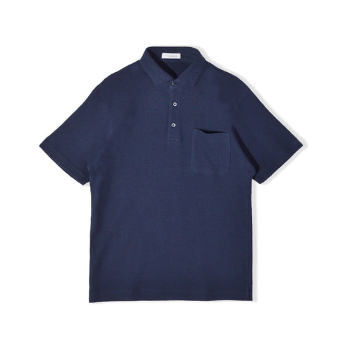 ワッフル ポロシャツ メンズ 半袖 綿100% ストレッチ 無地 セミワイドカラー ネイビー(FL23SS-009M-na)