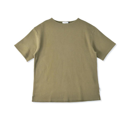 【日本製】 ワッフル tシャツ メンズ 半袖 ボートネック 綿100% ゆったり 大きいサイズ 無地 カーキ(FL23SS-014m-kh)