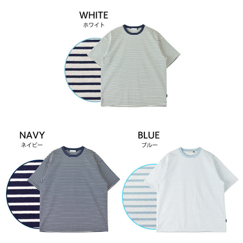 【日本製】 ボーダー tシャツ メンズ 半袖 綿100% 厚手 大きいサイズ クルーネック 丸首 ハードコットン ネイビー(FL23SS-017M-na)