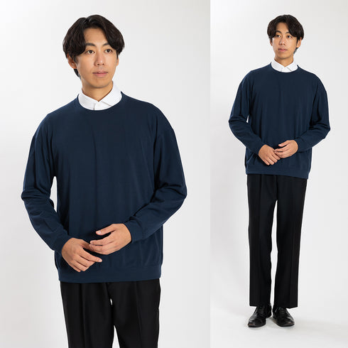 【日本製】 セーター メンズ 軽い 重ね着 クルーネック すごラク 無地 ネイビー(FL24FW-001-na)