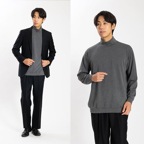 【日本製】 セーター メンズ 軽い 重ね着 モックネック ハイネック すごラク 無地 グレー(FL24FW-002-gr)