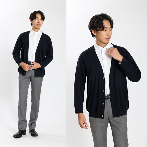 【日本製】カーディガン メンズ ビジネス 薄手 軽い なめらか 無地 すごラク ネイビー(FL24FW-003-na)