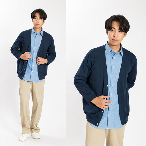 【日本製】カーディガン メンズ ビジネス 薄手 軽い なめらか 無地 すごラク ネイビー(FL24FW-003-na)