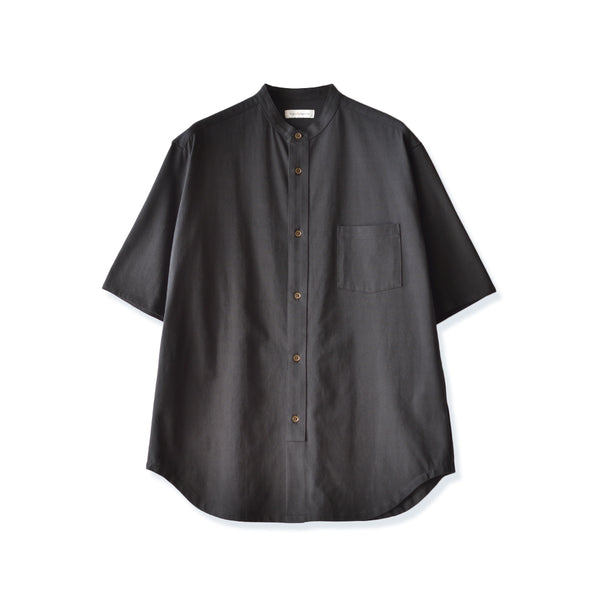 【日本製】 シャツ メンズ 半袖 大きいサイズ ワンポケット 無地 バンドカラー オーガニックコットン 綿100% ブラック(FL24SS-001-bk)