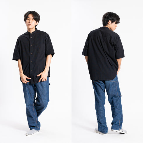 【日本製】 シャツ メンズ 半袖 大きいサイズ ワンポケット 無地 バンドカラー オーガニックコットン 綿100% ホワイト(FL24SS-001-wh)