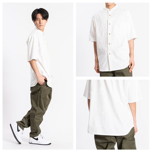 【日本製】 シャツ メンズ 半袖 大きいサイズ ワンポケット 無地 バンドカラー オーガニックコットン 綿100% ホワイト(FL24SS-001-wh)