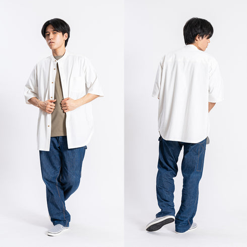 【日本製】 シャツ メンズ 半袖 大きいサイズ ワンポケット 無地 バンドカラー オーガニックコットン 綿100% ホワイト(FL24SS-001-wh)