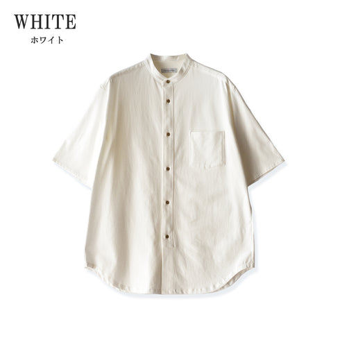 【日本製】 シャツ メンズ 半袖 大きいサイズ ワンポケット 無地 バンドカラー オーガニックコットン 綿100% ホワイト(FL24SS-001-wh)