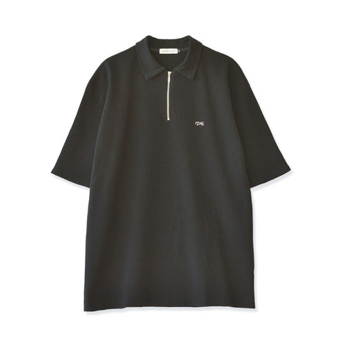 【日本製】 ワッフル ポロシャツ 半袖 メンズ 綿100% 柔らかい 涼しい ハーフジップ 無地 ブラック(FL24SS-003-bk)