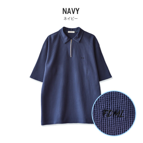 【日本製】 ワッフル ポロシャツ 半袖 メンズ 綿100% 柔らかい 涼しい ハーフジップ 無地 ブラック(FL24SS-003-bk)