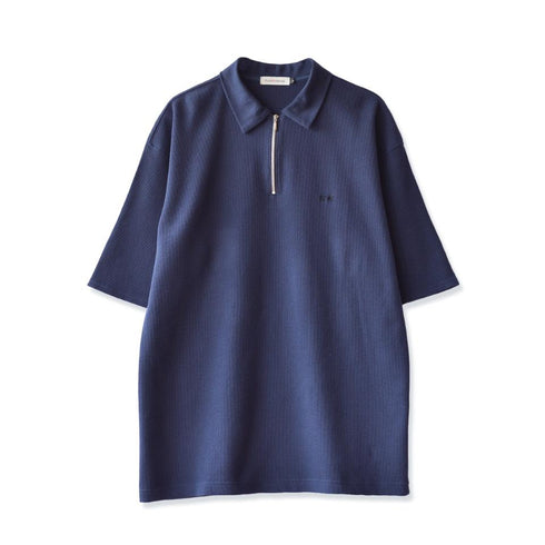 【日本製】 ワッフル ポロシャツ 半袖 メンズ 綿100% 柔らかい 涼しい ハーフジップ 無地 ネイビー(FL24SS-003-na)