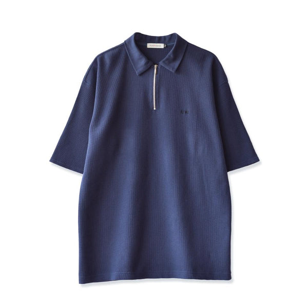 【日本製】 ワッフル ポロシャツ 半袖 メンズ 綿100% 柔らかい 涼しい ハーフジップ 無地 ネイビー(FL24SS-003-na)