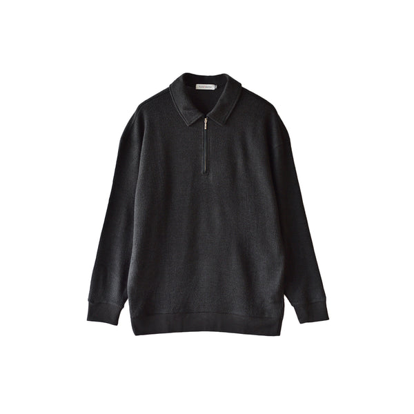 ポロシャツ 長袖 メンズ 軽量 無地 リブ素材 ハーフジップ ブラック(FL25FW-002-bk)