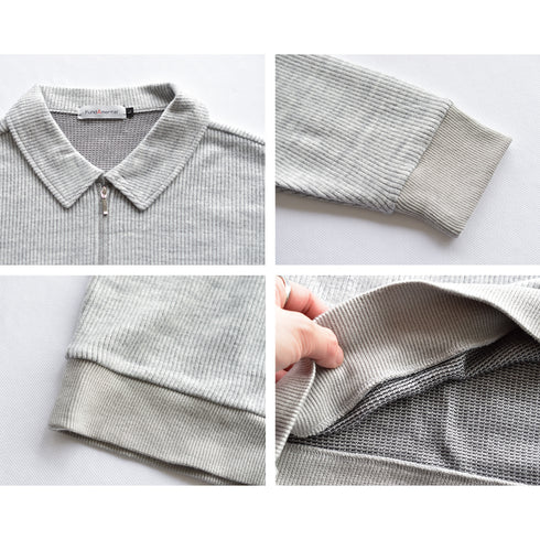 ポロシャツ 長袖 メンズ 軽量 無地 リブ素材 ハーフジップ グレー(FL25FW-002-gr)