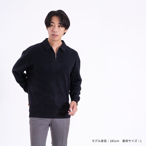 ポロシャツ 長袖 メンズ 軽量 無地 リブ素材 ハーフジップ グレー(FL25FW-002-gr)