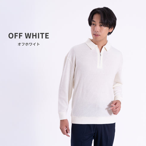 ポロシャツ 長袖 メンズ 軽量 無地 リブ素材 ハーフジップ グレー(FL25FW-002-gr)