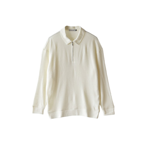 ポロシャツ 長袖 メンズ 軽量 無地 リブ素材 ハーフジップ オフホワイト(FL25FW-002-owh)