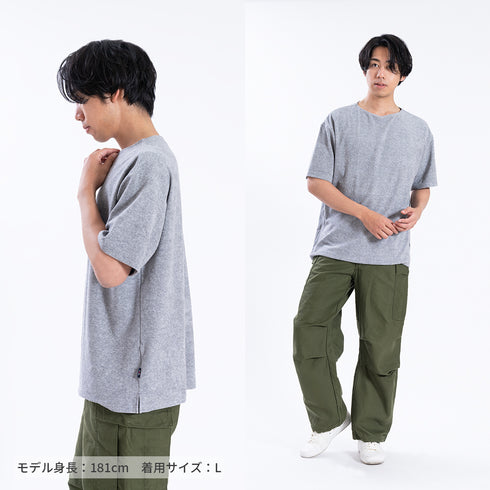 【日本製】パイル生地 tシャツ メンズ 半袖 ゆったりサイズ ボートネック 無地 ネイビー(FL25SS-001-na)