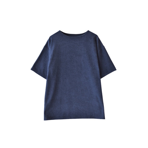 【日本製】パイル生地 tシャツ メンズ 半袖 ゆったりサイズ ボートネック 無地 ネイビー(FL25SS-001-na)