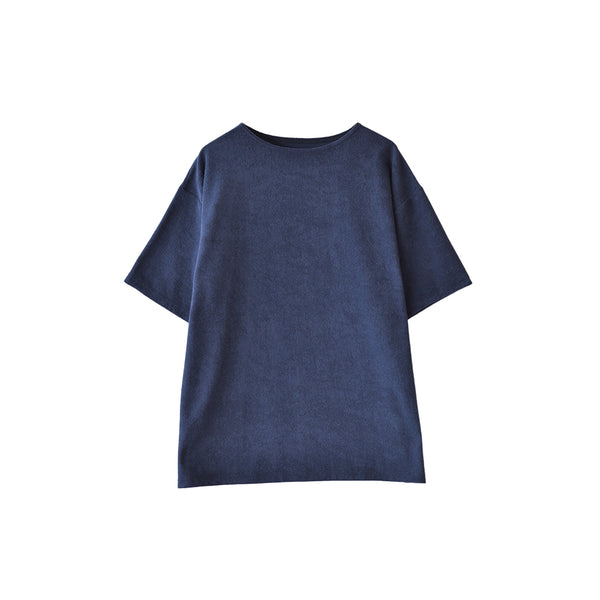 【日本製】パイル生地  tシャツ メンズ 半袖 ゆったりサイズ ボートネック 無地 ネイビー(FL25SS-001-na)