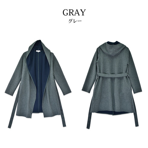 【日本製】 コート レディース フード付き ベルト付き 2way仕様 無地 グレー(FL22FW-006W-gr)