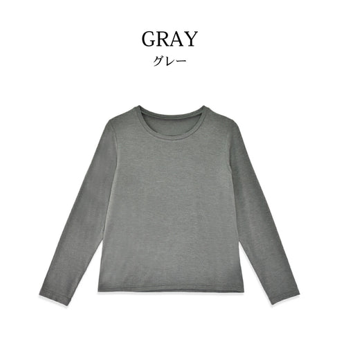 【日本製】 tシャツ レディース 長袖 インナー 薄手 柔らかい ストレッチ 無地 クルーネック グレー(FL22FW-007W-gr)