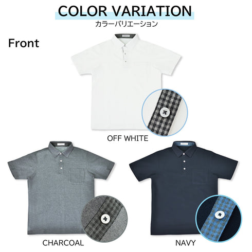 ポロシャツ メンズ 半袖 吸水速乾 ストレッチ 無地 胸ポケット ギンガムチェック レギュラーカラー オフホワイト(FL22SS-013M-owh)