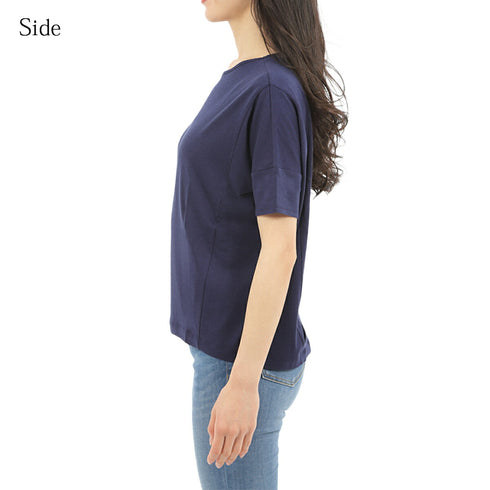 【日本製】 tシャツ レディース 半袖 デザインカットソー ボートネック 軽い イージーケア 綿モダール コットン 無地 ネイビー(FL23SS-0011W-na)