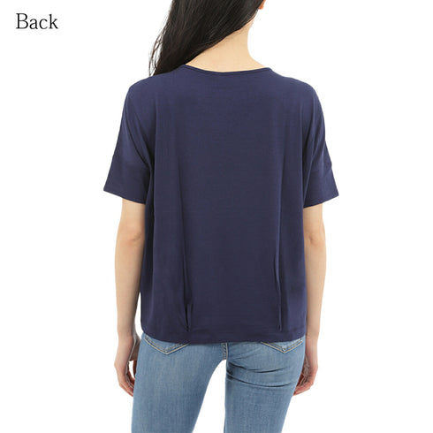 【日本製】 tシャツ レディース 半袖 デザインカットソー ボートネック 軽い イージーケア 綿モダール コットン 無地 ネイビー(FL23SS-0011W-na)