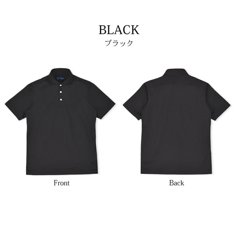 【日本製】 ポロシャツ メンズ 半袖 ビジネス 接触冷感 ヘリンボーン 無地 ワイドカラー クールマックス ブラック(SPKJ23-025-bk)