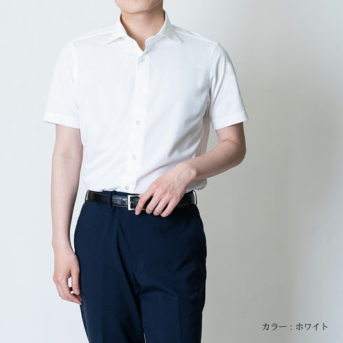 【日本製】 ワイシャツ メンズ ビジネス 半袖 イージーケア ノーアイロン 無地 ワイドカラー イージーフォーマルシャツ ホワイト(SHKS23-027-wh)