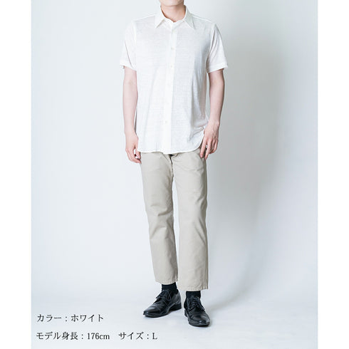 【日本製】 ワイシャツ メンズ 半袖 ビジネス プレミアム リネン100% 柔らかい 無地 レギュラーカラー ブラック(SHKJ23-033-bk)