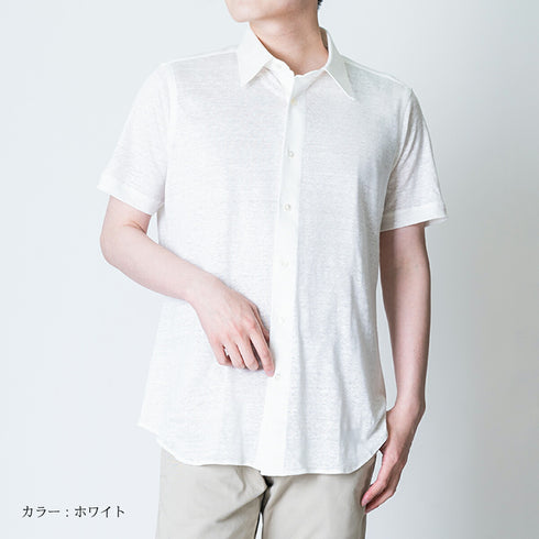 【日本製】 ワイシャツ メンズ 半袖 ビジネス プレミアム リネン100% 柔らかい 無地 レギュラーカラー ブラック(SHKJ23-033-bk)