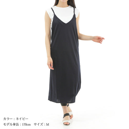 【日本製】 キャミワンピース レディース ロング丈 薄手 柔らかい 肩紐調整 無地 ネイビー(FL23SS-23W-na)