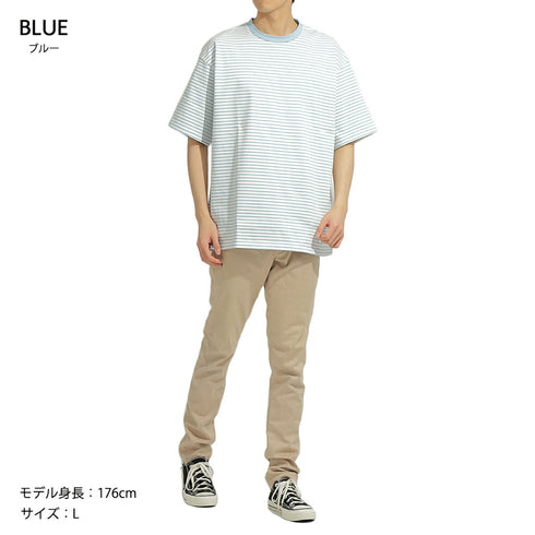 【日本製】 ボーダー tシャツ メンズ 半袖 綿100% 厚手 大きいサイズ クルーネック 丸首 ハードコットン ネイビー(FL23SS-017M-na)