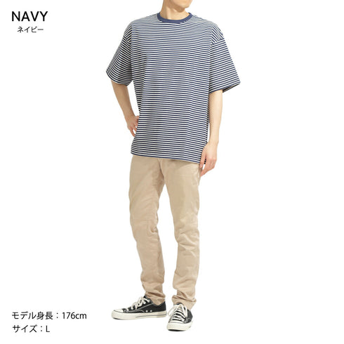 【日本製】 ボーダー tシャツ メンズ 半袖 綿100% 厚手 大きいサイズ クルーネック 丸首 ハードコットン ブルー(FL23SS-017M-bl)
