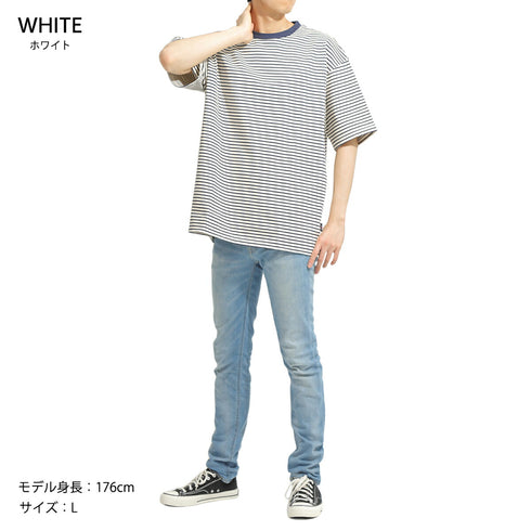 【日本製】 ボーダー tシャツ メンズ 半袖 綿100% 厚手 大きいサイズ クルーネック 丸首 ハードコットン ネイビー(FL23SS-017M-na)