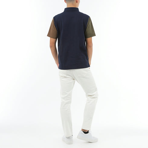 ポロシャツ メンズ 半袖 涼しい 軽い 切替デザイン サッカー生地 セミワイドカラー ネイビー(FL23SS-002M-na)