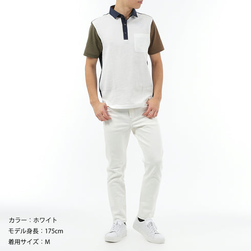 ポロシャツ メンズ 半袖 涼しい 軽い 切替デザイン サッカー生地 セミワイドカラー ネイビー(FL23SS-002M-na)