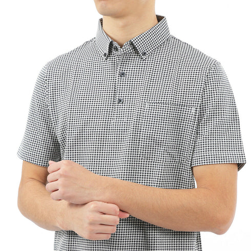 ポロシャツ メンズ 半袖 チェック柄 涼しい 軽い サッカー生地 ボタンダウン サックス(FL23SS-005M-sa)